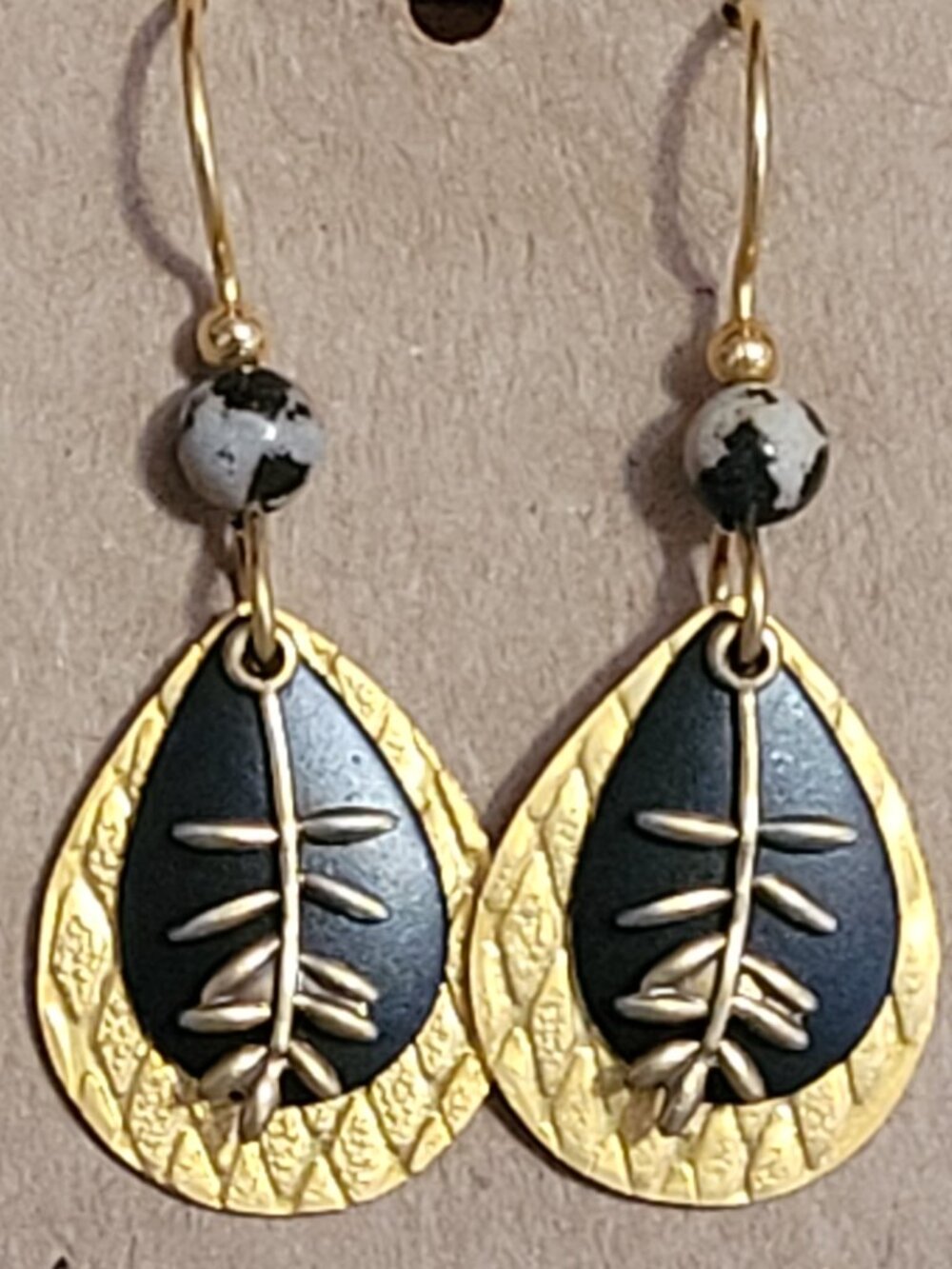 Silver Forest Black & Gold w/ Jasper Stone Hanging Earrings EUC
